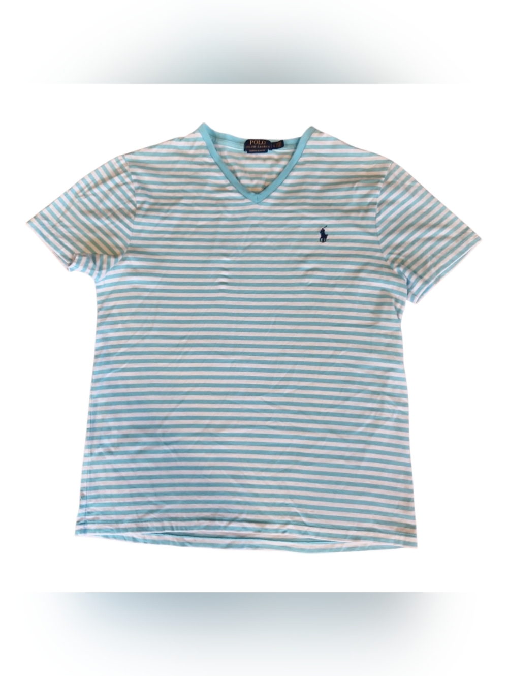 Polo Ralph Lauren Blue & White Stripes V Neck Polo Custom Slim Fit Sz Large Logo